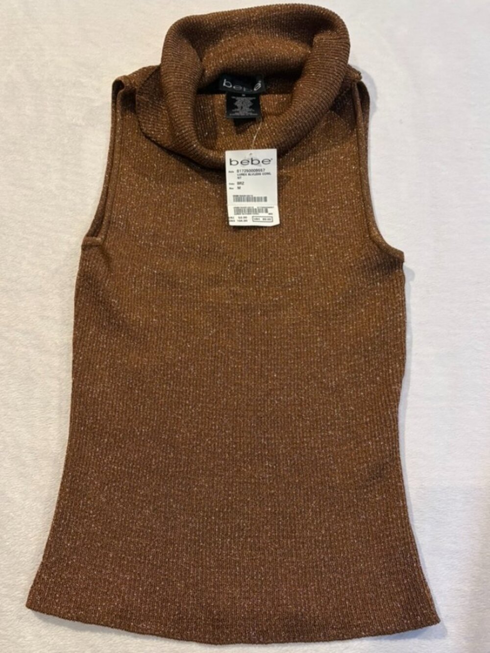 NWT Bebe Lurex Metallic Cowl Neck Sleeveless Top Tank Bronze Brown Gold Size M